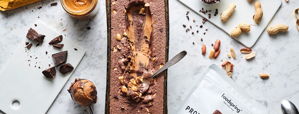 A rectangular pan of chocolate-peanut butter ice cream