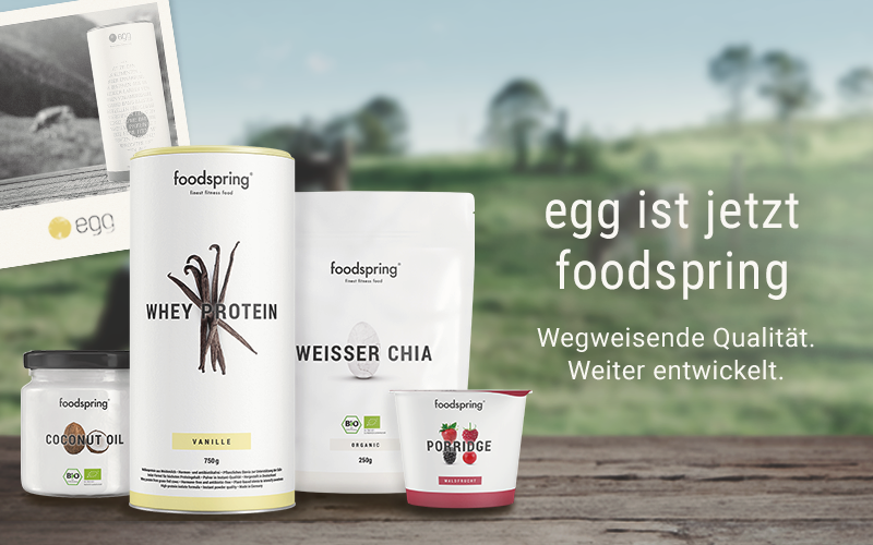 Banner "egg ist jetzt foodspring" mit Abbildung neuer Produkte