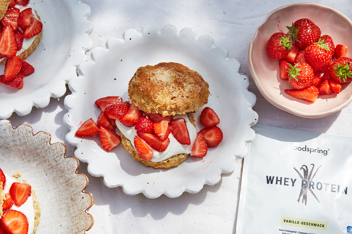 fresas - strawberry shortcakes on a plate with yogurt whey protein filling