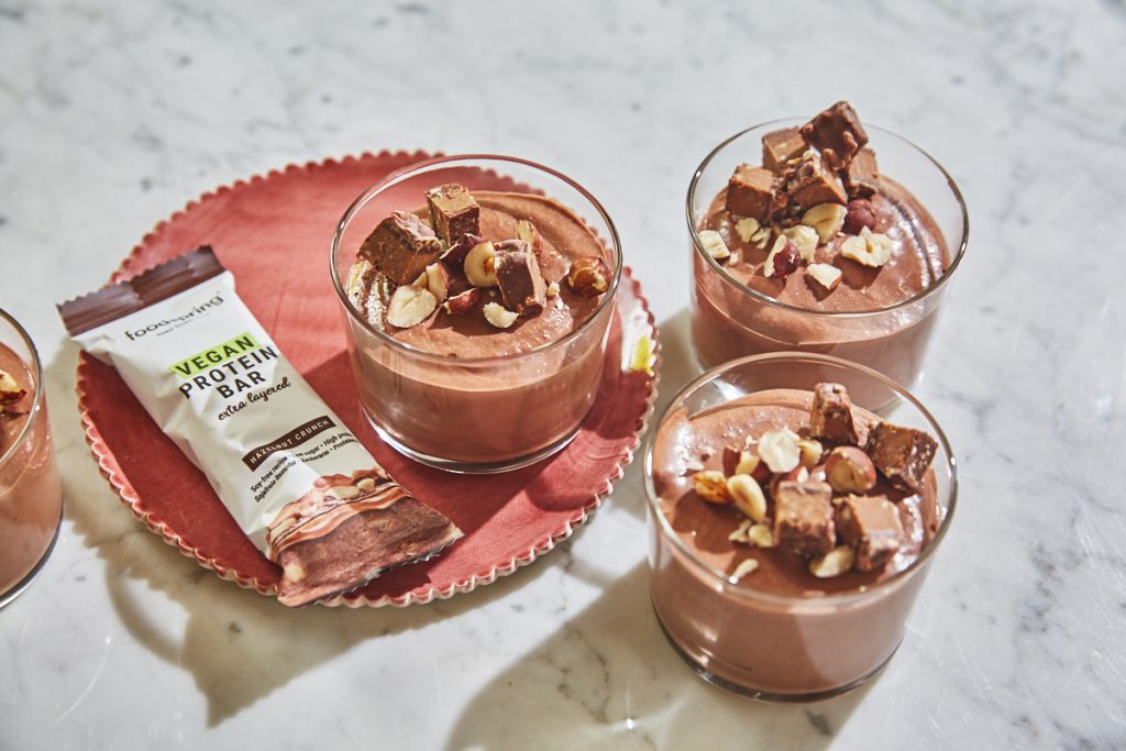 hazelnut chocolate protein pudding in glasses