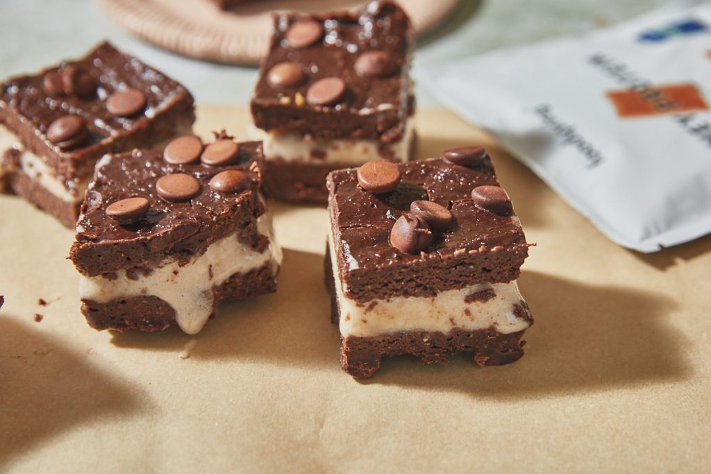 protein brownie ice cream sandwiches filled with caramel protein nice cream